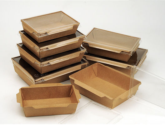 กล่องอาหารกลางวัน Takeaway คราฟท์สีน้ำตาลแบบใช้แล้วทิ้งพร้อมฝา PET