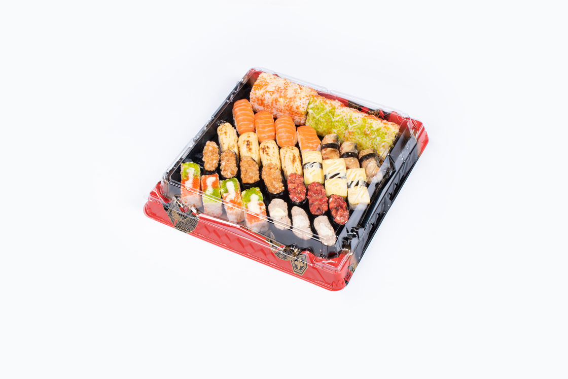 ซูชิ กล่องเบเกอรี่โปร่งใส ถังบัฟเฟ่ต์ กล่องชาร์คูเตอรี่ที่มีฝาใส ถังจานทิ้ง
