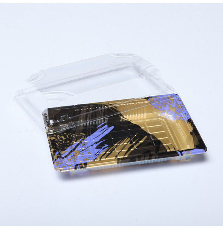 ถาดซูชิพลาสติกแบบใช้แล้วทิ้งที่รีไซเคิลได้ OEM พร้อมฝาป้องกันหมอก