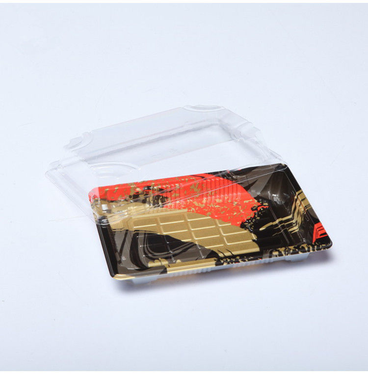 ถาดซูชิพลาสติกแบบใช้แล้วทิ้งที่รีไซเคิลได้ OEM พร้อมฝาป้องกันหมอก