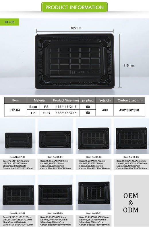 ถาดซูชิพลาสติกแบบใช้แล้วทิ้งที่รีไซเคิลได้ OEM พร้อมฝาป้องกันหมอก