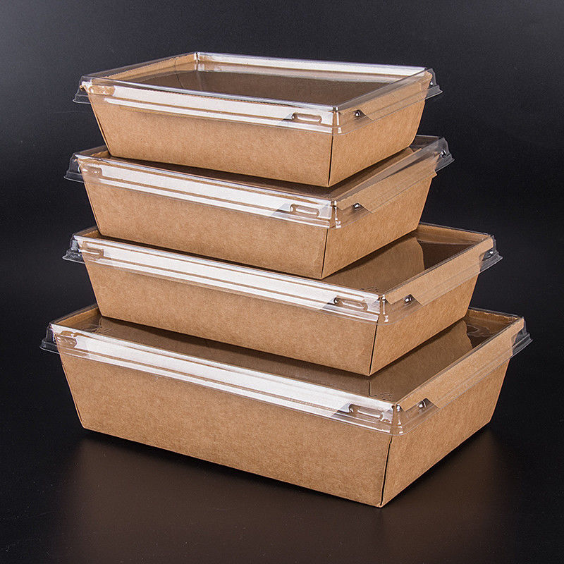 กล่องอาหารกลางวัน Takeaway คราฟท์สีน้ำตาลแบบใช้แล้วทิ้งพร้อมฝา PET