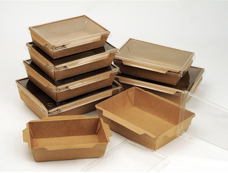 กล่องอาหารกลางวัน Takeaway คราฟท์สีน้ำตาลแบบใช้แล้วทิ้งพร้อมฝา PET
