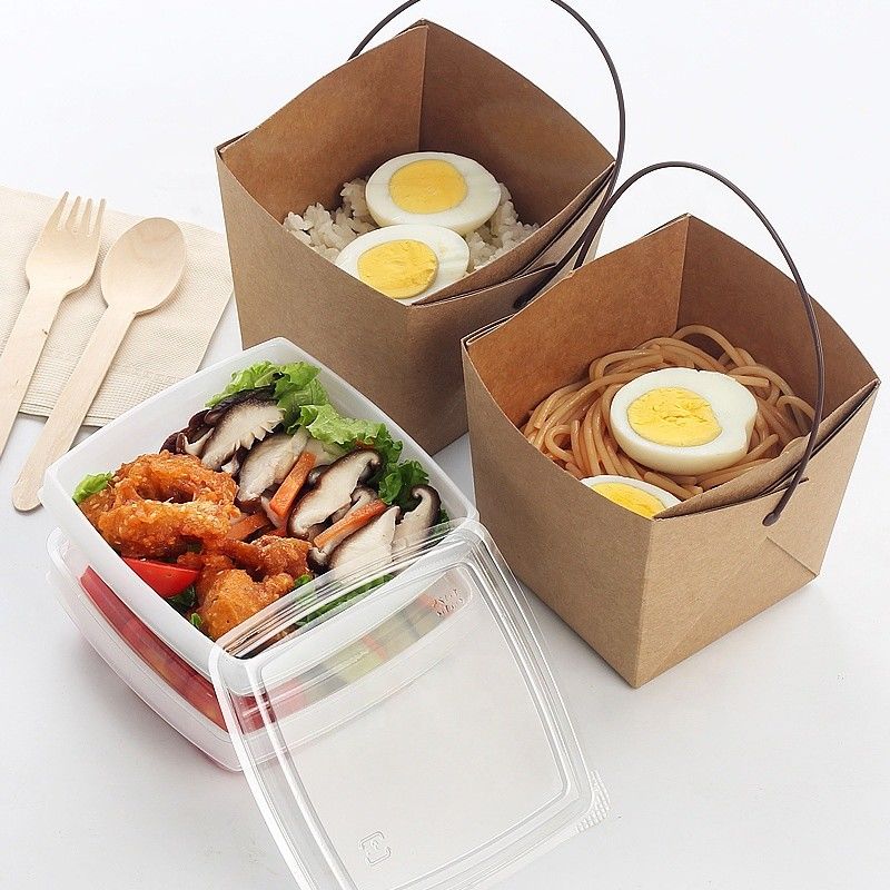 รีไซเคิลกระดาษคราฟท์ Take Away อาหารกลางวันกล่องบรรจุภัณฑ์ก๋วยเตี๋ยวพร้อมถาดและที่จับ