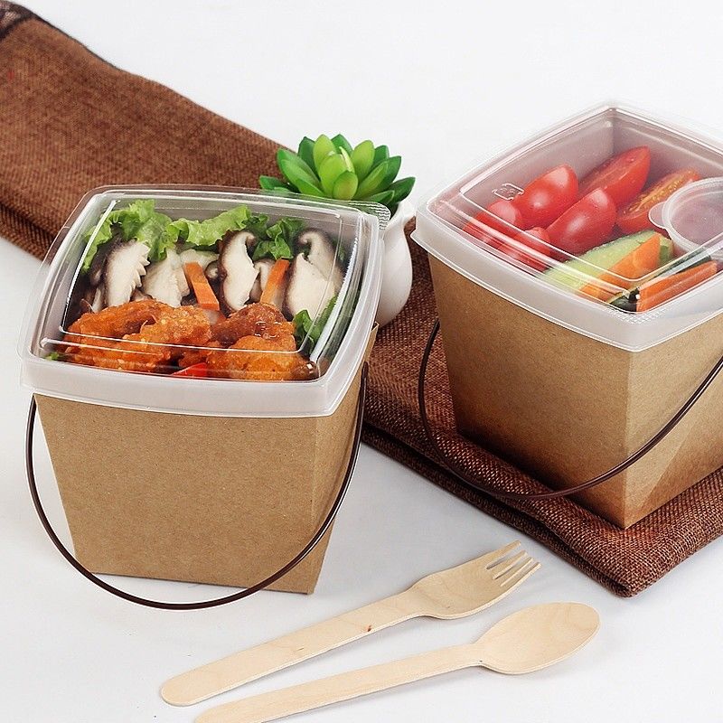 รีไซเคิลกระดาษคราฟท์ Take Away อาหารกลางวันกล่องบรรจุภัณฑ์ก๋วยเตี๋ยวพร้อมถาดและที่จับ